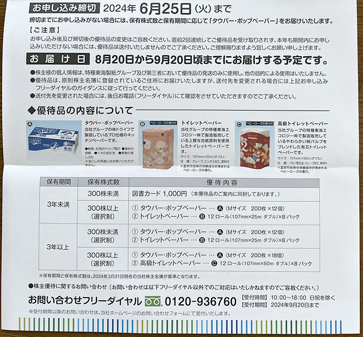 特種東海製紙優待案内