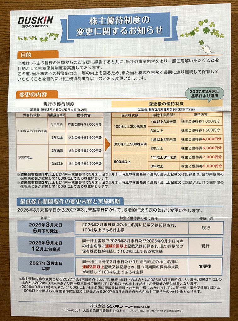 ダスキン優待変更
