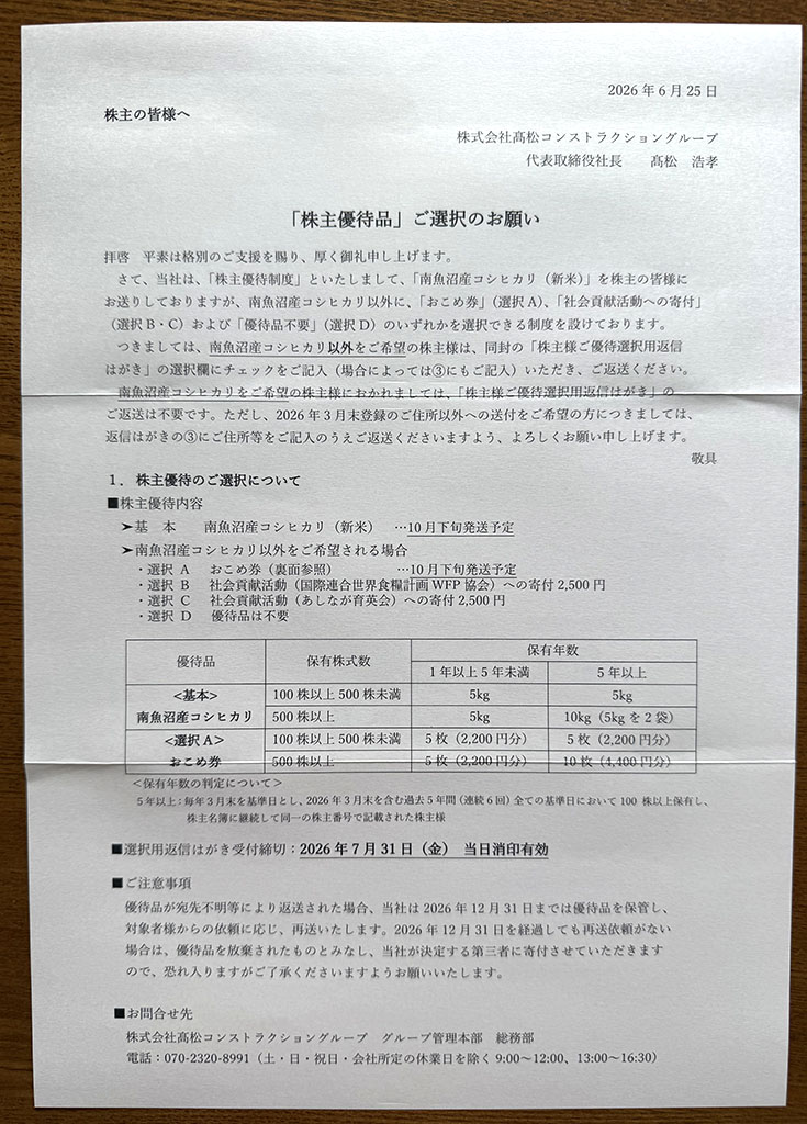 髙松コンスト優待案内